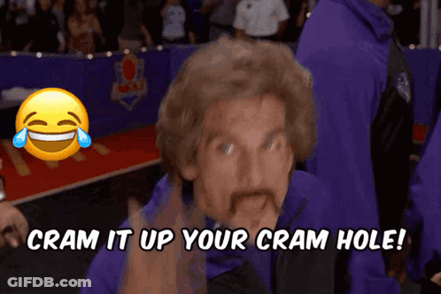 A Man In A Purple Shirt Is Laughing With The Words Cram It Up Your Cram Hole GIF