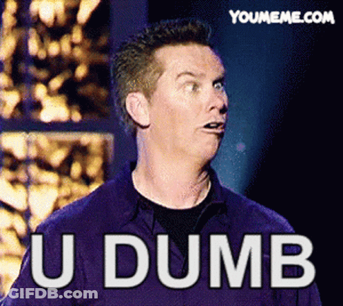 A Man In A Purple Shirt Is Making A Funny Face With The Words U Dumb Below Him GIF