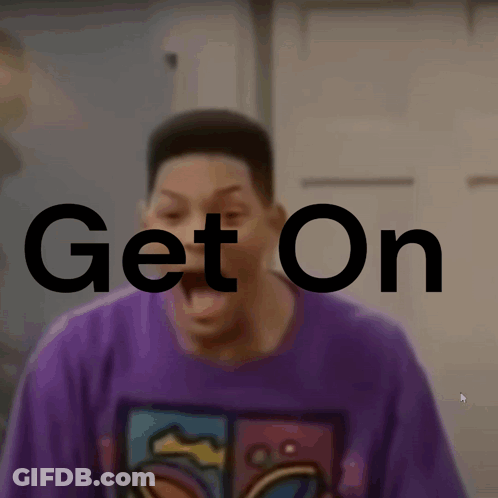 A Man In A Purple Shirt Is Screaming With The Words Get On Written Above Him GIF