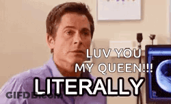 A Man In A Purple Shirt Is Sitting In Front Of A Computer And Saying `` Luv You My Queen '' . GIF