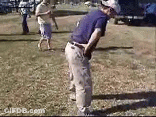 A Man In A Purple Shirt Is Standing In The Grass With His Hands On His Hips . GIF