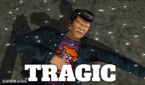 A Man In A Purple Shirt Is Standing In The Snow With The Word Tragic Above Him GIF