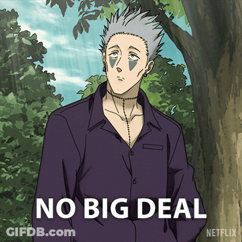 A Man In A Purple Shirt Is Standing Next To A Tree With The Words " No Big Deal " Written On The Bottom GIF