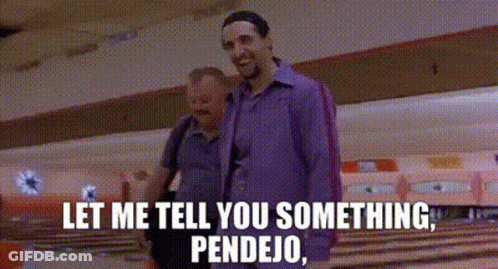 A Man In A Purple Shirt Is Standing Next To A Woman In A Bowling Alley And Says Let Me Tell You Something Pendejo GIF