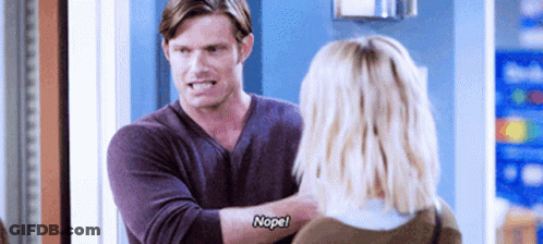 Man In Purple Shirt Talking To Woman Who Says Nope GIF