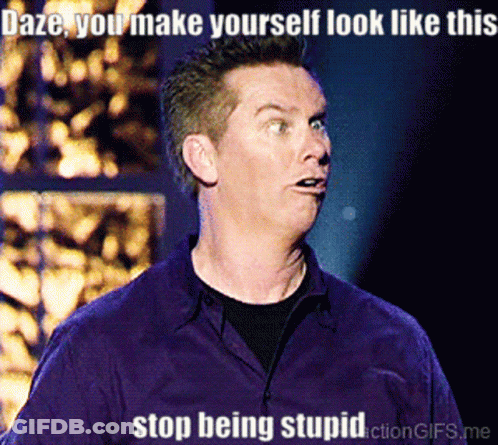 A Man In A Purple Shirt Says " Daze You Make Yourself Look Like This " And " Stop Being Stupid " GIF
