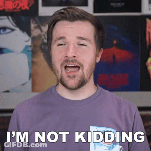A Man In A Purple Shirt Says I 'M Not Kidding In White Letters GIF