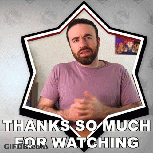 A Man In A Purple Shirt Stands In Front Of A Sign That Says " Thanks So Much For Watching " GIF