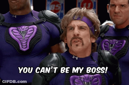 A Man In A Purple Shirt With A Cobra On It Says You Can 'T Be My Boss GIF