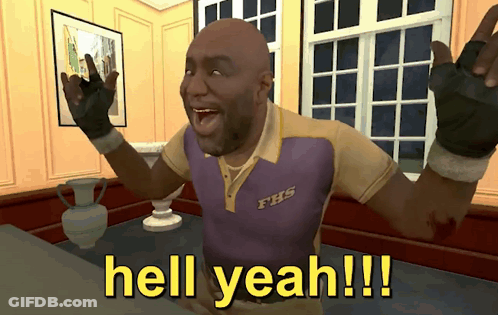 A Man In A Purple Shirt With Fhs On It Says Hell Yeah GIF