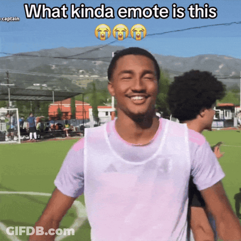 A Man In A Purple Shirt With The Words What Kinda Emote Is This On Top GIF