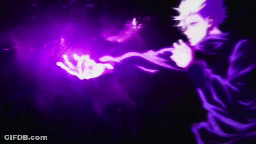 A Man In A Purple Suit Is Holding A Purple Lightning Bolt In His Hand . GIF