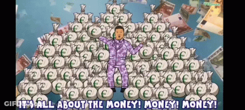 Man In Purple Suit Pile Of Money Bags GIF