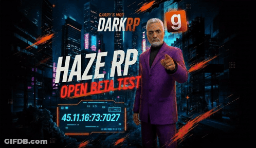 A Man In A Purple Suit Is Standing In Front Of A Sign That Says Haze Rp GIF
