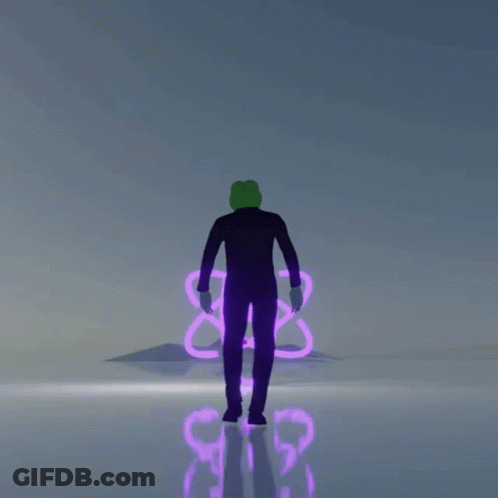 A Man In A Purple Suit Stands In Front Of A Purple Atom GIF