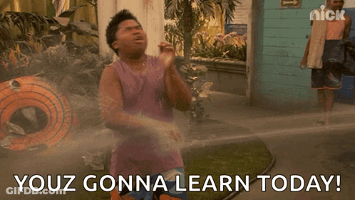 A Man In A Purple Tank Top Is Being Sprayed With Water And The Words You 'Re Gonna Learn Today . GIF