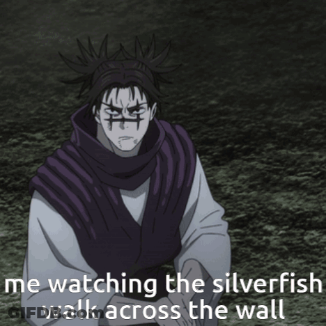 A Man In A Purple Vest Is Watching The Silverfish Walk Across The Wall GIF