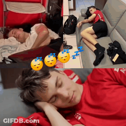 A Man In A Red Adidas Shirt Is Sleeping GIF