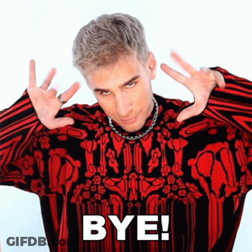 A Man In A Red And Black Sweater Is Making A Peace Sign With His Hands And The Words Bye Written Below Him . GIF