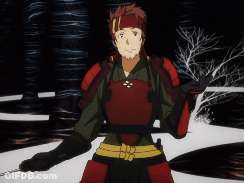A Man In A Red And Green Armor Stands In The Snow GIF
