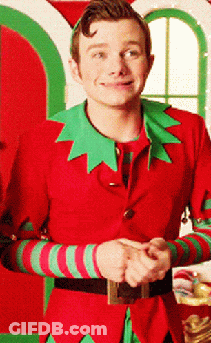 A Man In A Red And Green Elf Costume Smiles For The Camera GIF