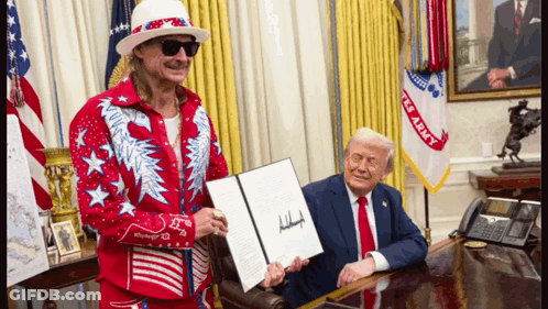A Man In A Red And White Outfit Is Holding A Document That Says " Donald Trump " GIF