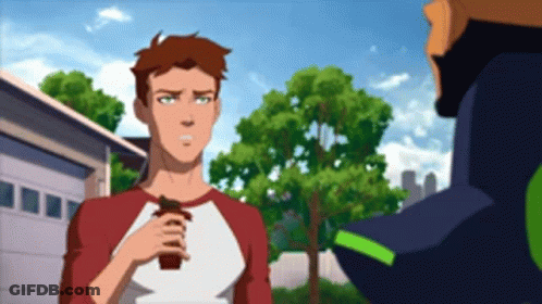 A Man In A Red And White Shirt Is Standing Next To A Man In A Green Shirt GIF