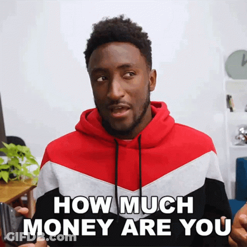 A Man In A Red And White Striped Hoodie Says How Much Money Are You GIF