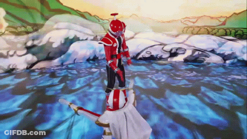 A Man In A Red And White Superhero Costume Is Standing Next To Another Man In A White And Red Costume . GIF