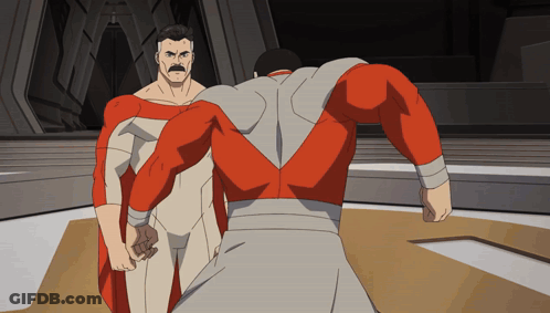 A Man In A Red And White Superhero Costume Is Standing Next To Another Man In A White Superhero Costume GIF