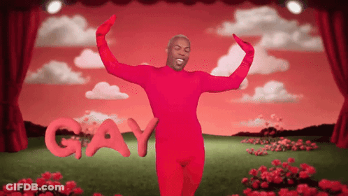 A Man In A Red Bodysuit Is Dancing With The Word Gay Written In Red Letters GIF