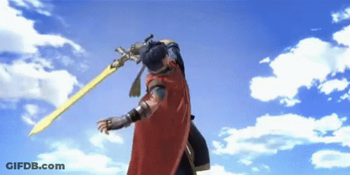 A Man In A Red Cape Holds A Sword In The Air GIF