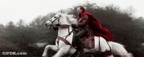 A Man In A Red Cape Is Riding A White Horse Through A Forest . GIF