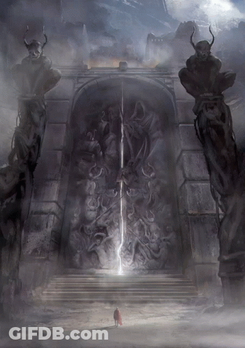 A Man In A Red Cape Is Standing In Front Of A Door With A Light Coming Out Of It GIF