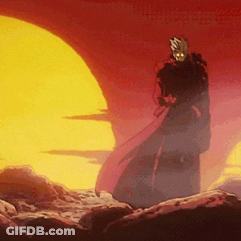 A Man In A Red Cape Is Standing In Front Of A Sunset . GIF