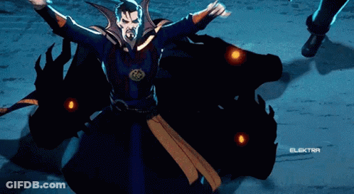 A Man In A Red Cape Is Standing Next To A Woman With The Word Elektra On The Bottom Right GIF