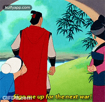 A Man In A Red Cape Stands Next To Two Women And Says Sign Me Up For The Next War . GIF