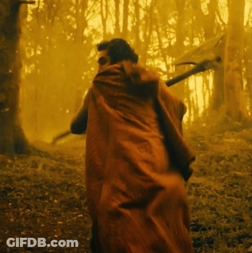 A Man In A Red Cape Walking Through A Forest GIF