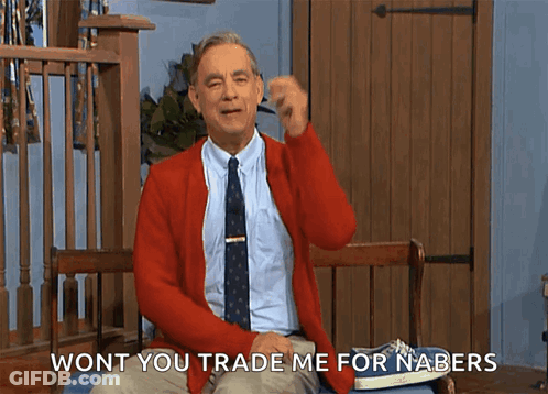 A Man In A Red Cardigan And Tie Is Sitting On A Bench And Says " Wont You Trade Me For Nabers " GIF