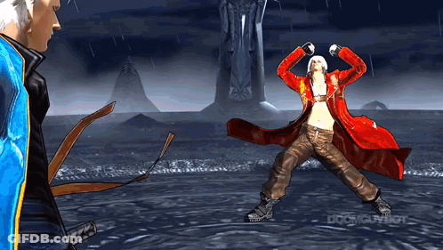 A Man In A Red Coat Is Dancing In Front Of A Statue GIF