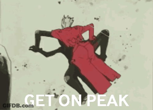 A Man In A Red Coat Is Sitting On Another Man 'S Shoulders And The Words Get On Peak Are On The Bottom GIF