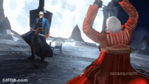 A Man In A Red Coat Is Standing In Front Of A Man In A Blue Coat In A Video Game . GIF