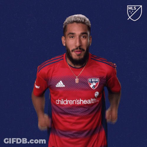 A Man In A Red Dallas Fc Jersey Says Vamos GIF