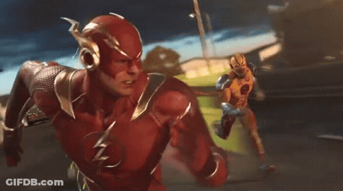 A Man In A Red Flash Suit Is Running With Another Man In A Yellow Flash Suit Behind Him GIF