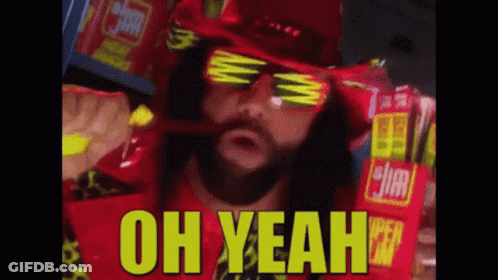 A Man In A Red Hat And Sunglasses Says Oh Yeah In Yellow Letters GIF