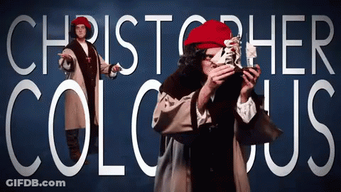 A Man In A Red Hat Is Standing In Front Of A Blue Background That Says Christopher Columbus GIF