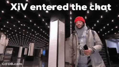 A Man In A Red Hat Is Standing In Front Of A Ceiling With Lights And The Words Xiv Entered The Chat Above Him . GIF