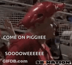 A Man In A Red Hat Says Come On Piggie Woo Pig GIF