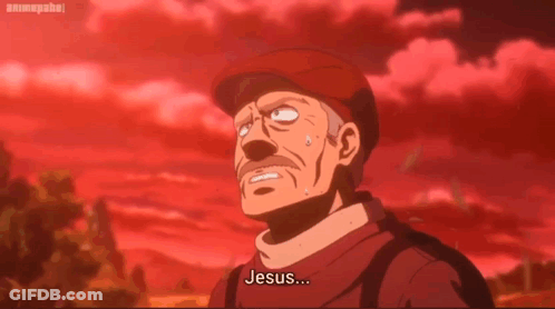 A Man In A Red Hat Says Jesus In A Red Background GIF
