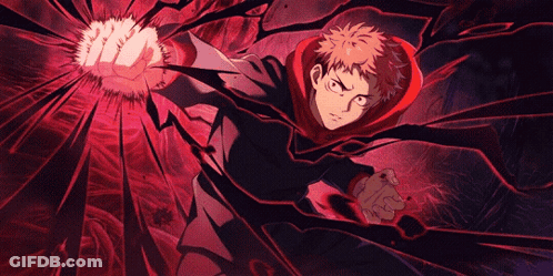 A Man In A Red Hoodie Is Holding A Fist In His Hand GIF